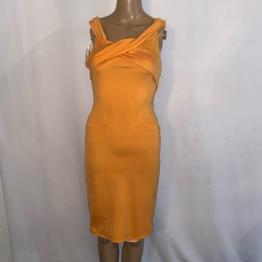 Halston heritage pastel orange draped shoulder short dress